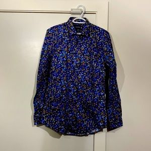 Harry brown long sleeve micro floral shirt in blue. Slim Fit.